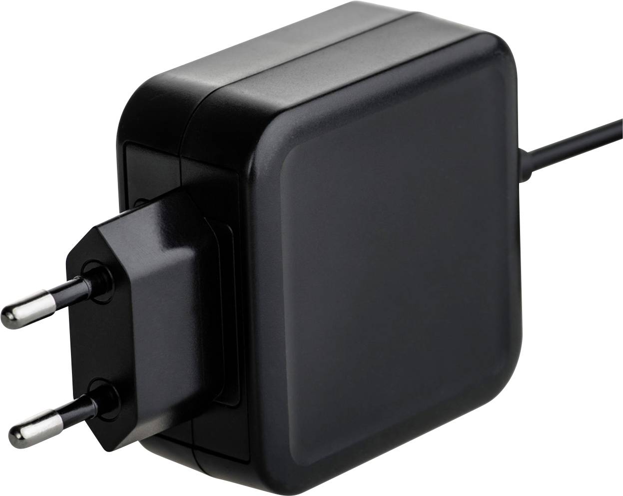 Black power supply with two-pin plug and cable, suitable for electronic devices.
