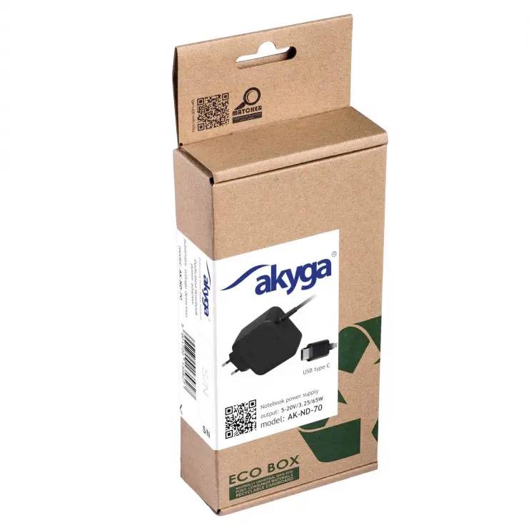 Charger packaging by 'akyga' with USB Type-C connection, model number AK-ND-70. Packaging emphasises environmental friendliness with recycling symbol.