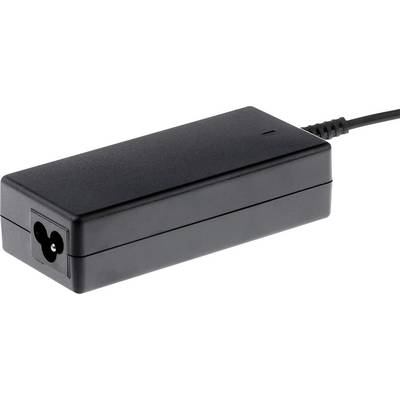 A black laptop power adapter with an integrated cable and a three-pin plug lies on a white surface.