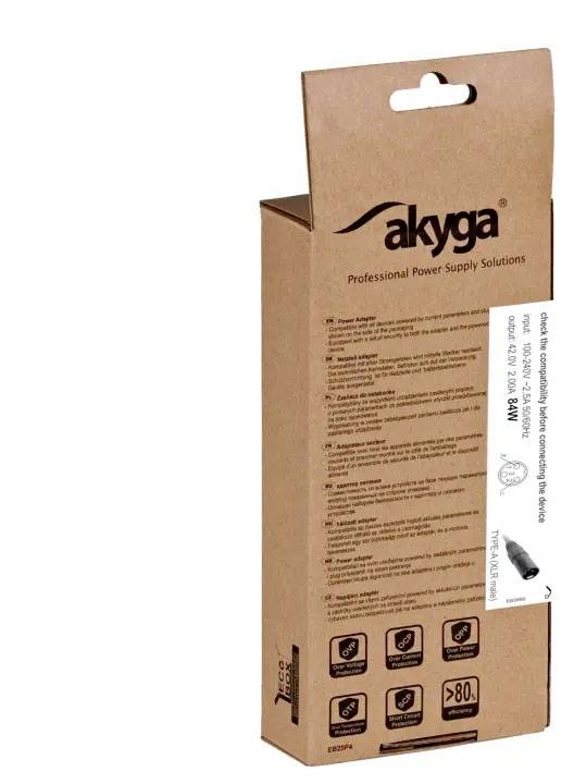 'Akyga' power supply packaging, brown with black text. Contains details about the model and technical specifications.