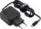 Black power supply with European plug and USB cable, partially coiled and secured with a hook-and-loop fastener.