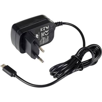 A black power adapter with an EU plug and micro-USB cable is pictured. It displays various technical symbols on its top surface.