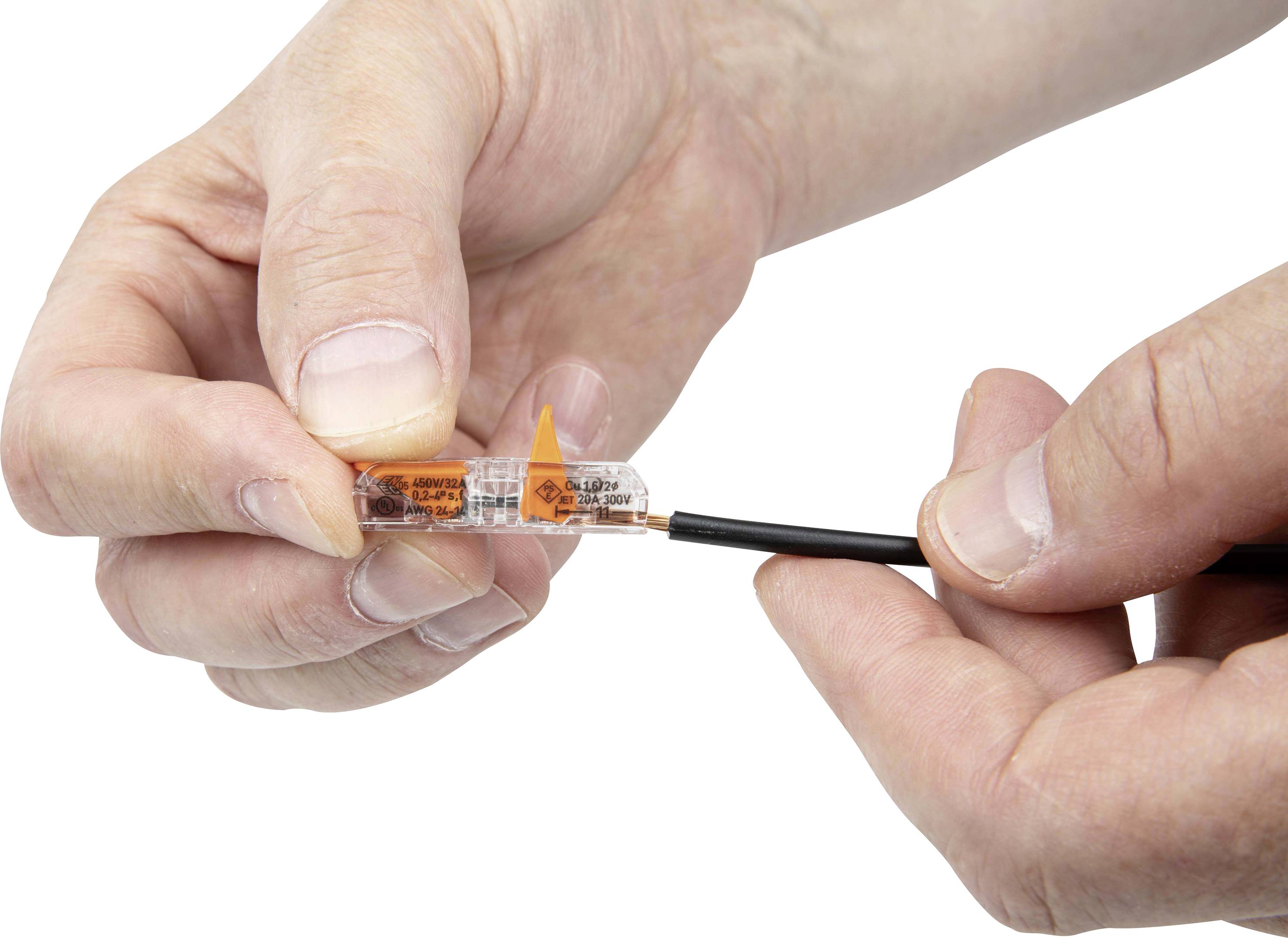 Two hands connect a black cable with an open transparent cable connector.