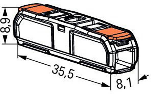 Illustration of a rectangular object with dimensions: length 35.5 mm, width 8.1 mm, height 6.8 mm. The object has orange markings.