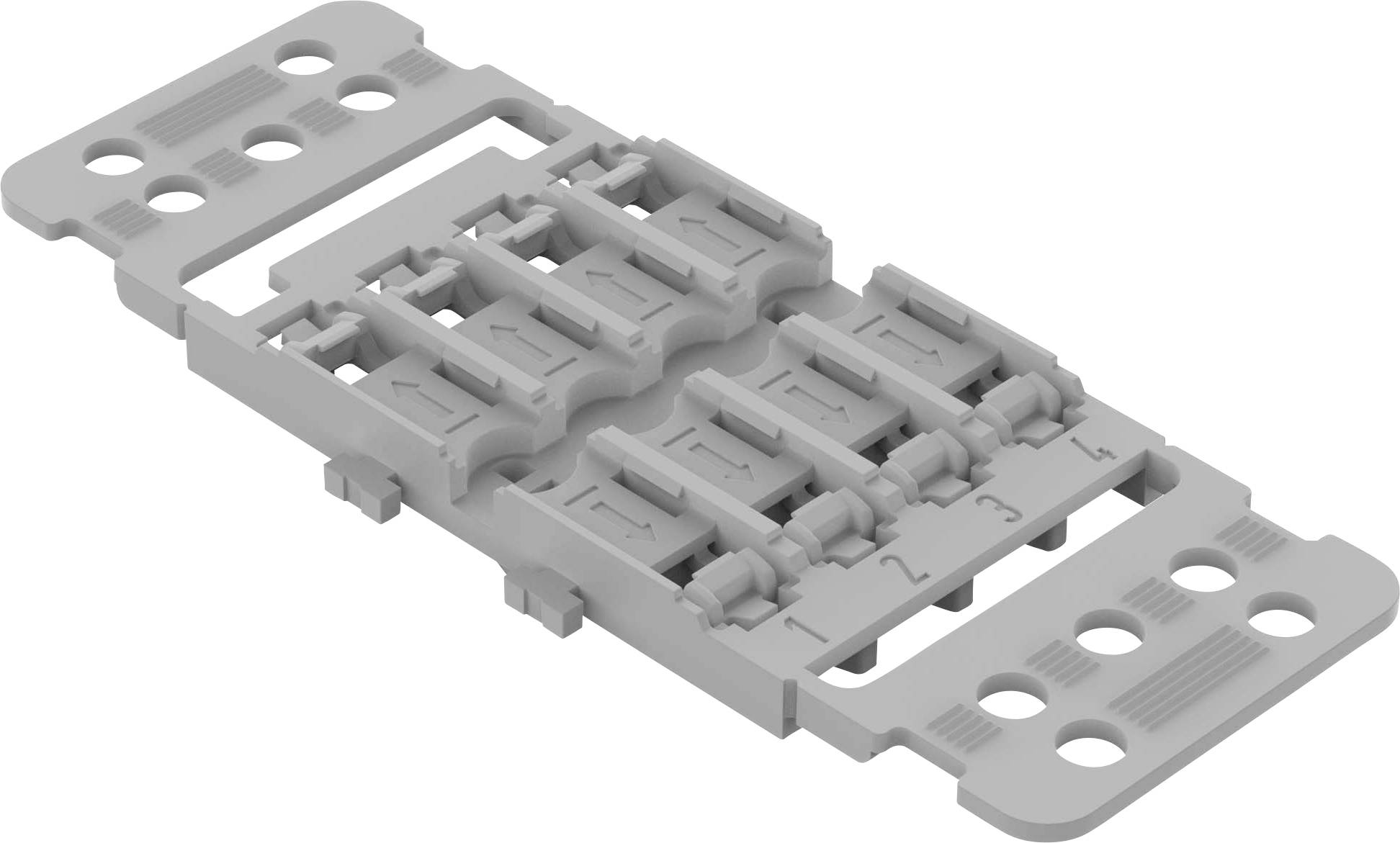 A grey, rectangular plastic module with six numbered switches on the top surface, framed by symmetrical holes.
