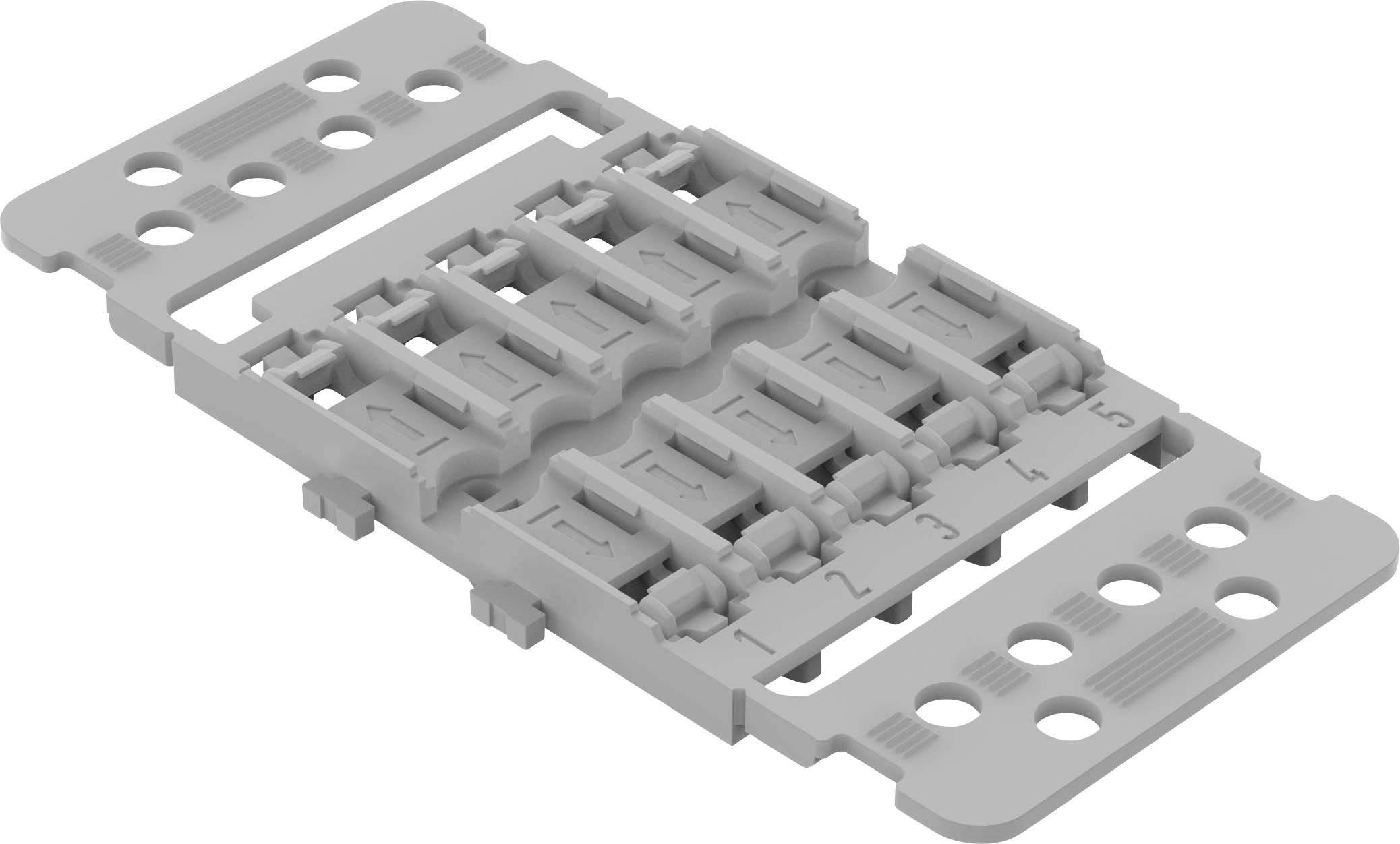 Grey plastic component with six numbered clips arranged in two rows for cable management or fastening purposes.