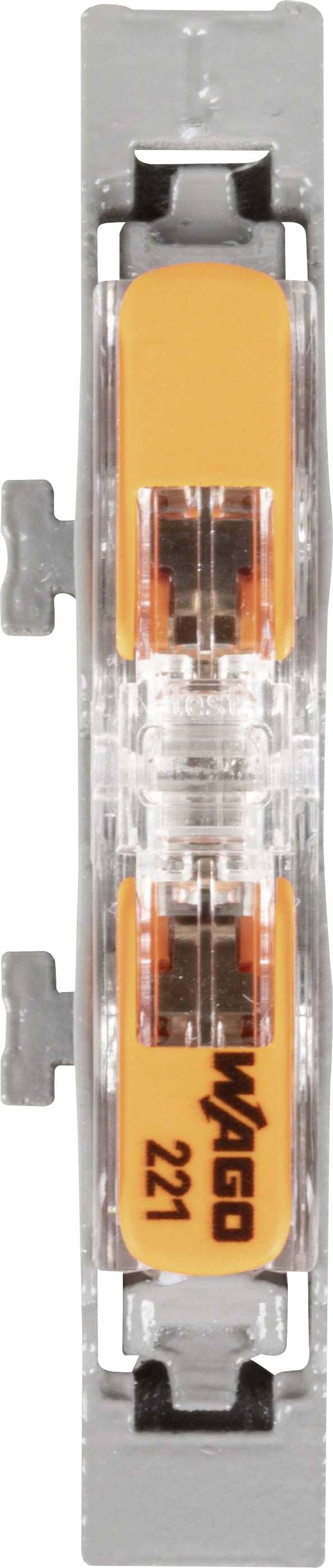 A transparent, rectangular electrical terminal with orange levers, secured on both sides, for safe cable connection.