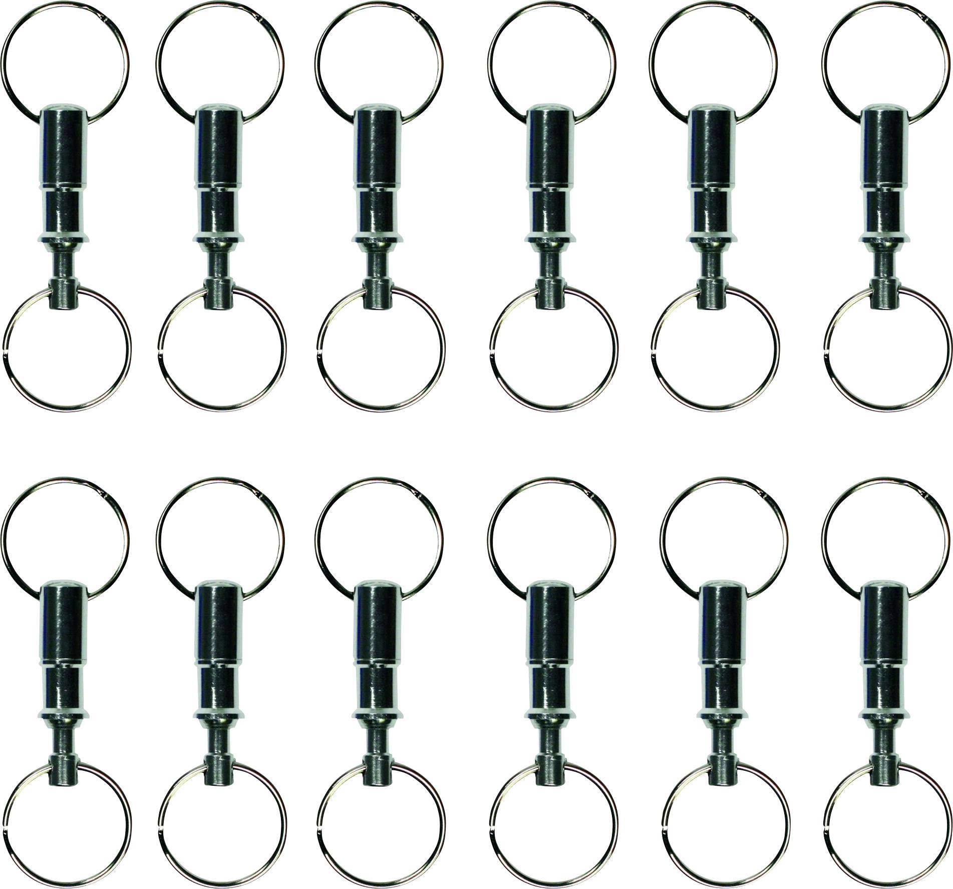 Twelve identical small metal keychain connectors, evenly arranged in four rows, each featuring a swivel mechanism and two attached rings.