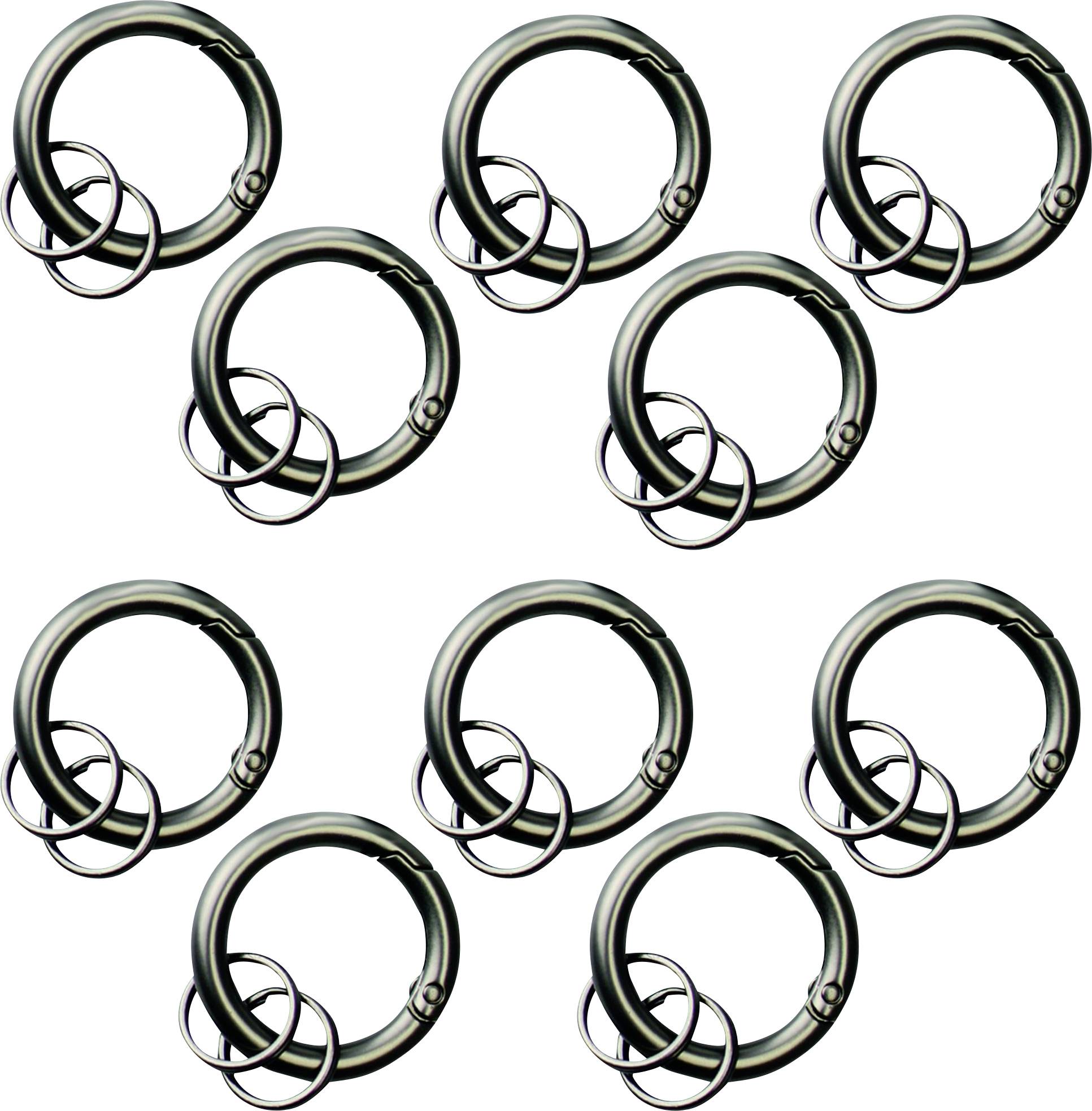 Nine metal rings are arranged in a grid pattern, each with smaller rings attached, likely used for binding or attaching items together.
