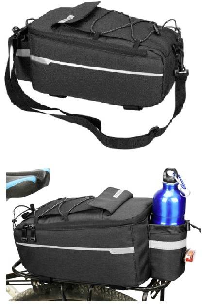 Black bicycle pannier with reflective strips and carrying strap, closed at the top and attached to the bottom of the bicycle, with bottle holder.