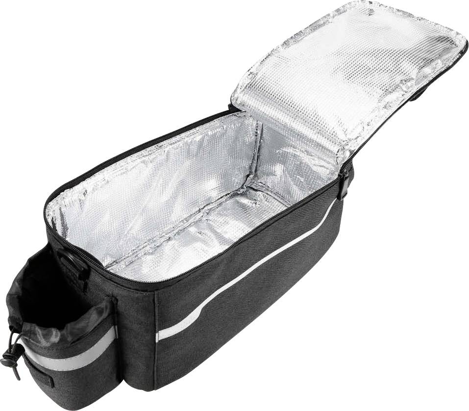 Black, rectangular cool bag with a reflective stripe, silver-lined interior, and side storage pocket.