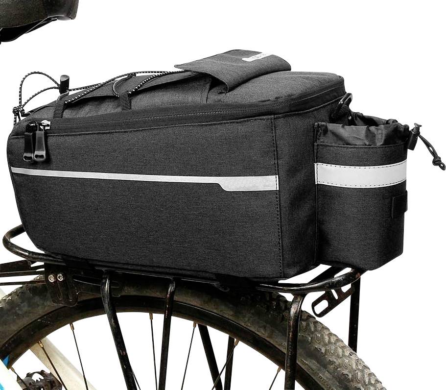 Black bicycle pannier on a luggage rack, with reflective strip and side pocket; robust, practical design.