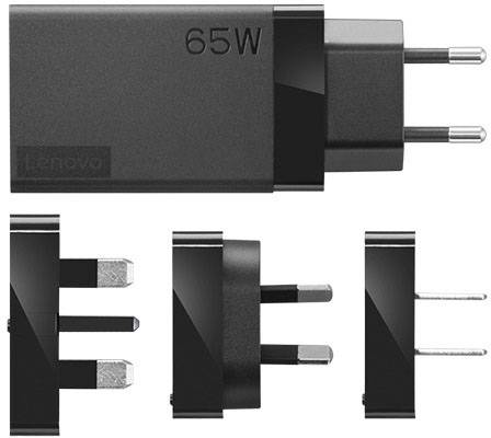 'Lenovo 65W charger with interchangeable plug adapters for different power sockets.'
