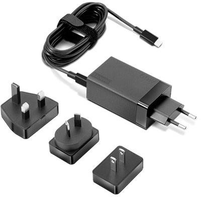 Power adapter with USB cable and three interchangeable plugs for different socket standards. Perfect for international travel.