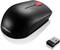 Black wireless Lenovo mouse with red scroll wheel, with a USB receiver beside it.