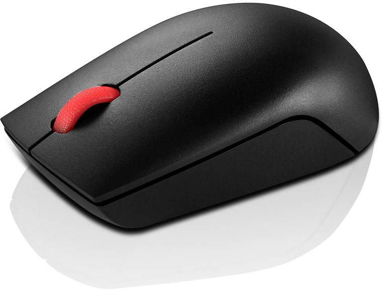 Black computer mouse with red scroll wheel, shown from the side on a white background.