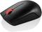 Black computer mouse with red scroll wheel, shown from the side on a white background.