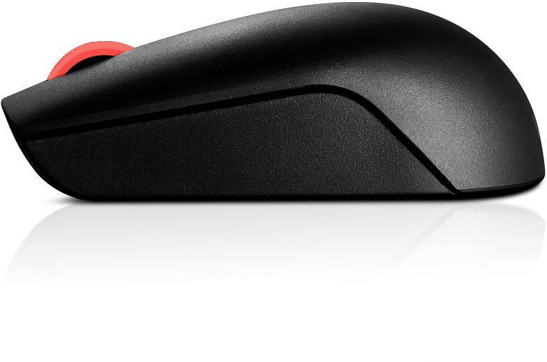 A black, ergonomic computer mouse with a red scroll wheel, pictured from the side.