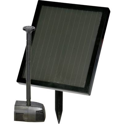 Solar-powered water pump with a black solar panel and black pump housing, suitable for pond installations.