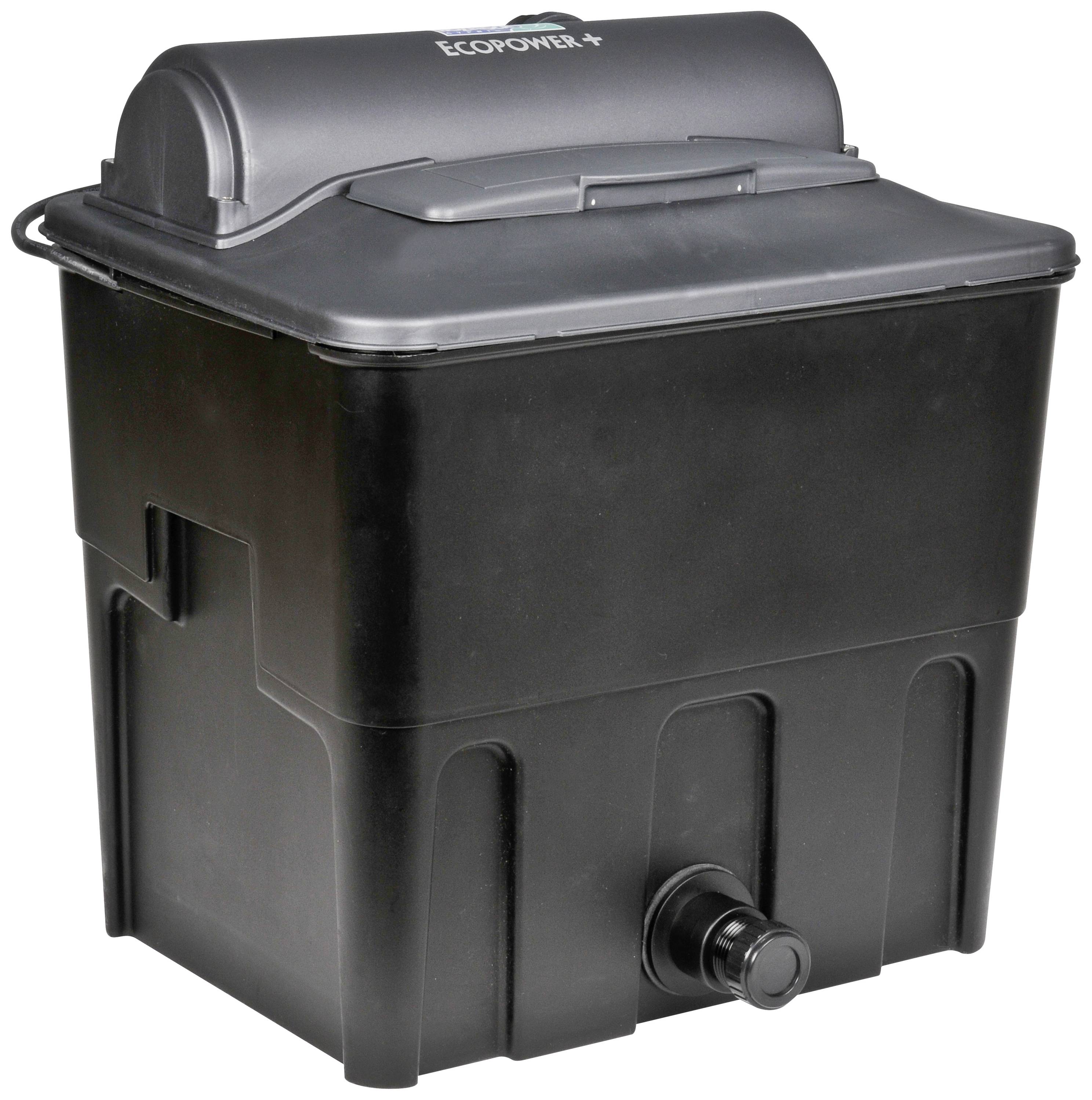 Black, rectangular pond filter with grey lid and outlet valve at the bottom, labelled 'ECOPOWER+'.