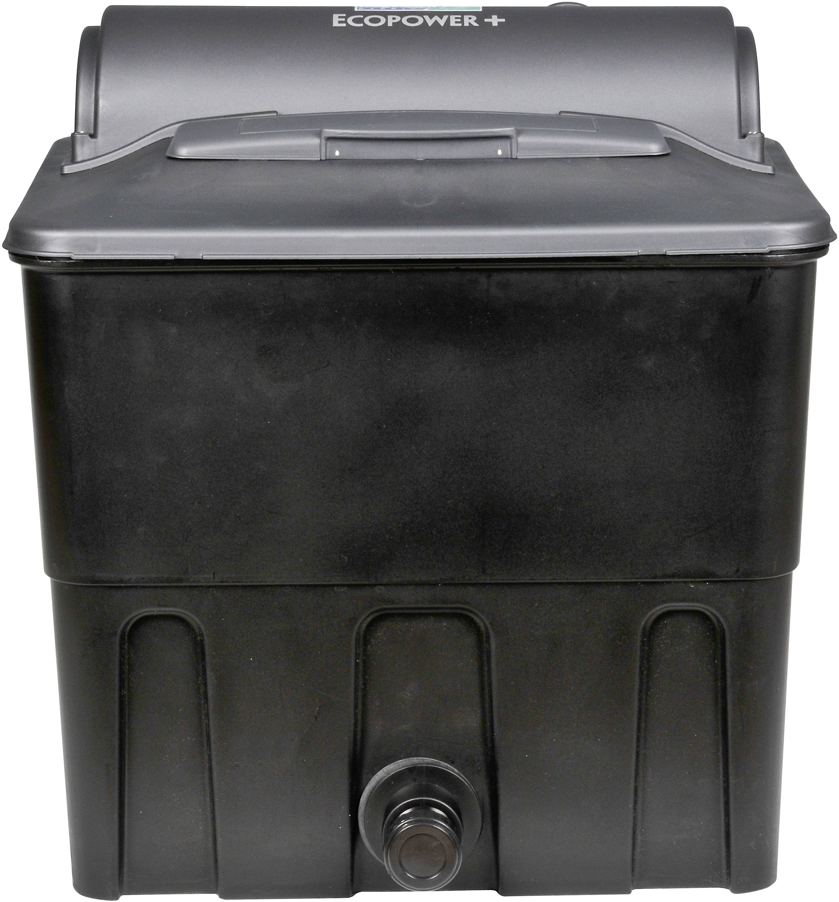 Black water filter with a grey lid featuring 'Ecopower+' text. Primarily used for water treatment.