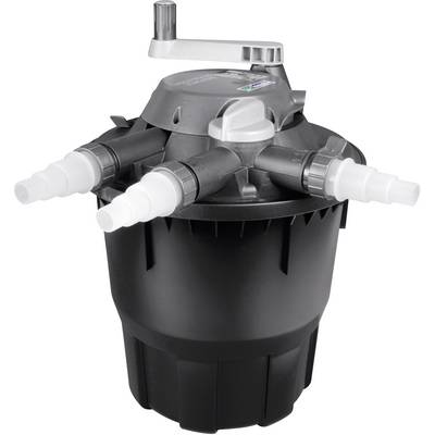 A black filter with multiple inlet and outlet ports and a rotary handle on the top surface.