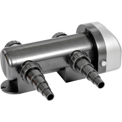 Black water filter with two large connections; rectangular shape and compact design.