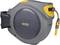 A grey and yellow automatic garden hose reel with a hose nozzle, suitable for tidy storage of garden hoses.