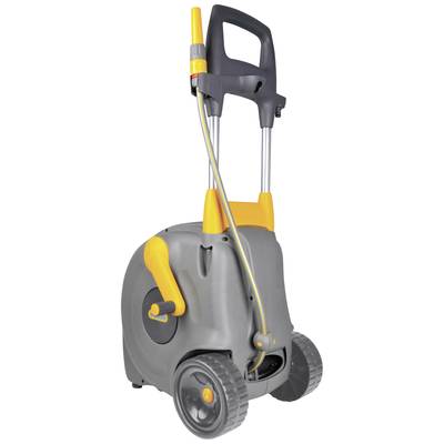 A portable hose reel with handle and rolling wheels in grey and yellow. Ideal for garden watering and easy to transport.