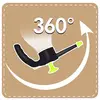 The image shows a black children's scooter with a green footboard that rotates 360 degrees. An arrow illustrates the rotation.