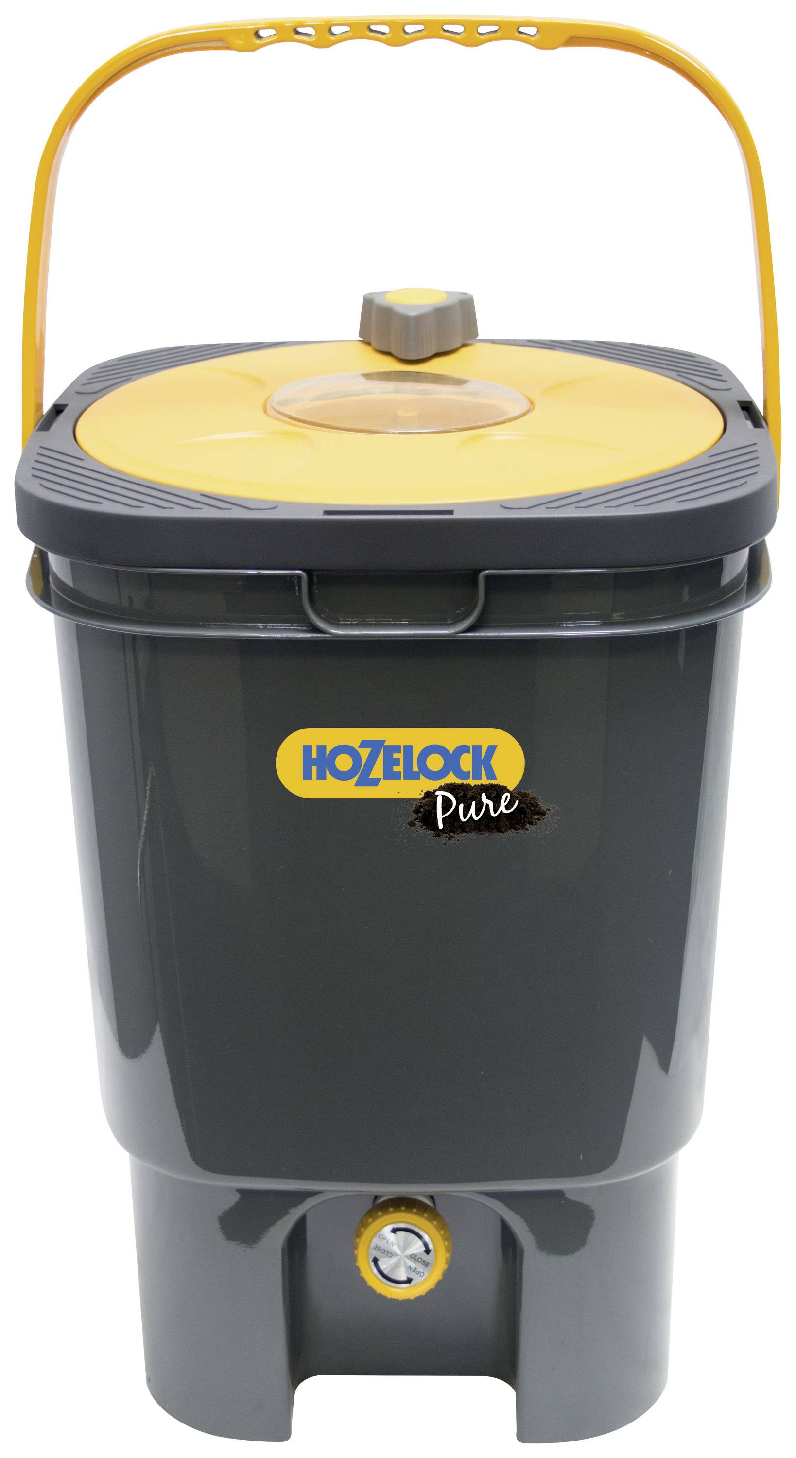 A grey composter with a yellow lid and handle, bearing the words 'Hozelock Pure'. It has a tap at the bottom.
