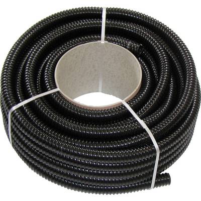 A black cable protection spiral coiled in a large reel, used for protecting and bundling cables.