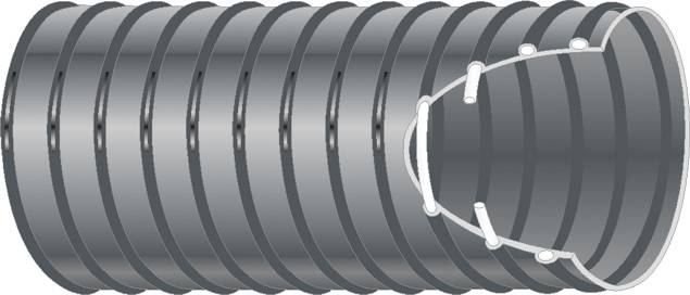 Grey flexible ventilation duct with corrugated surface and white cable along the side.