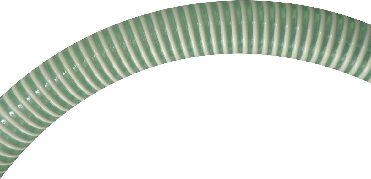 A green hose with white spiral patterns, running in a semicircular shape.
