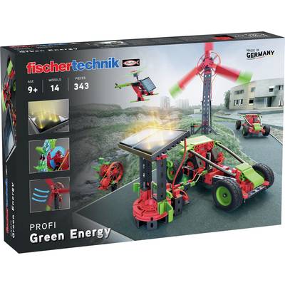 Packaging for a 'Profi Green Energy' toy construction set by fischertechnik, featuring a wind turbine and solar panel. Suitable for ages 9 and above.