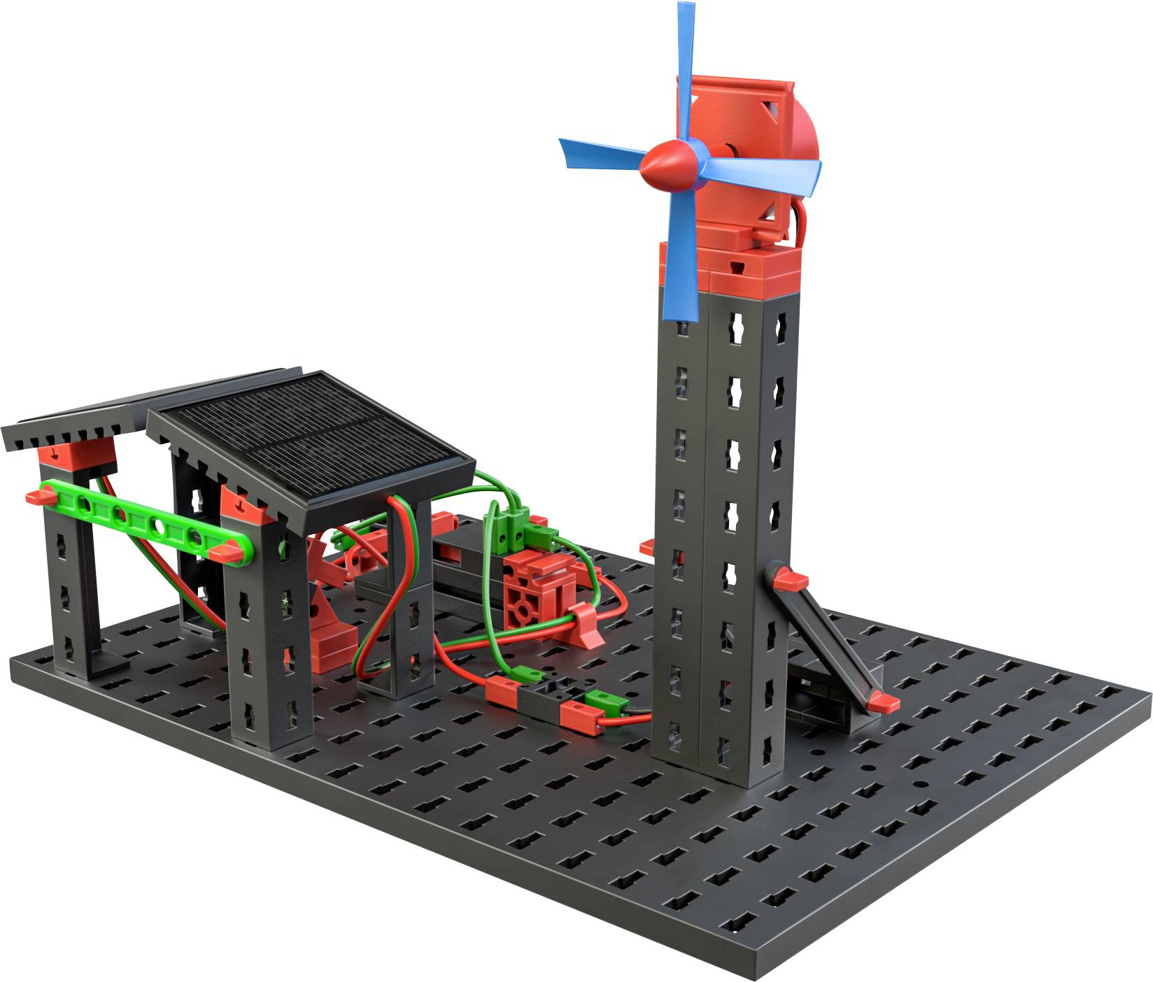 A model demonstrates a solar panel and a wind turbine on a construction plate. The components are wired and display renewable energy technology.