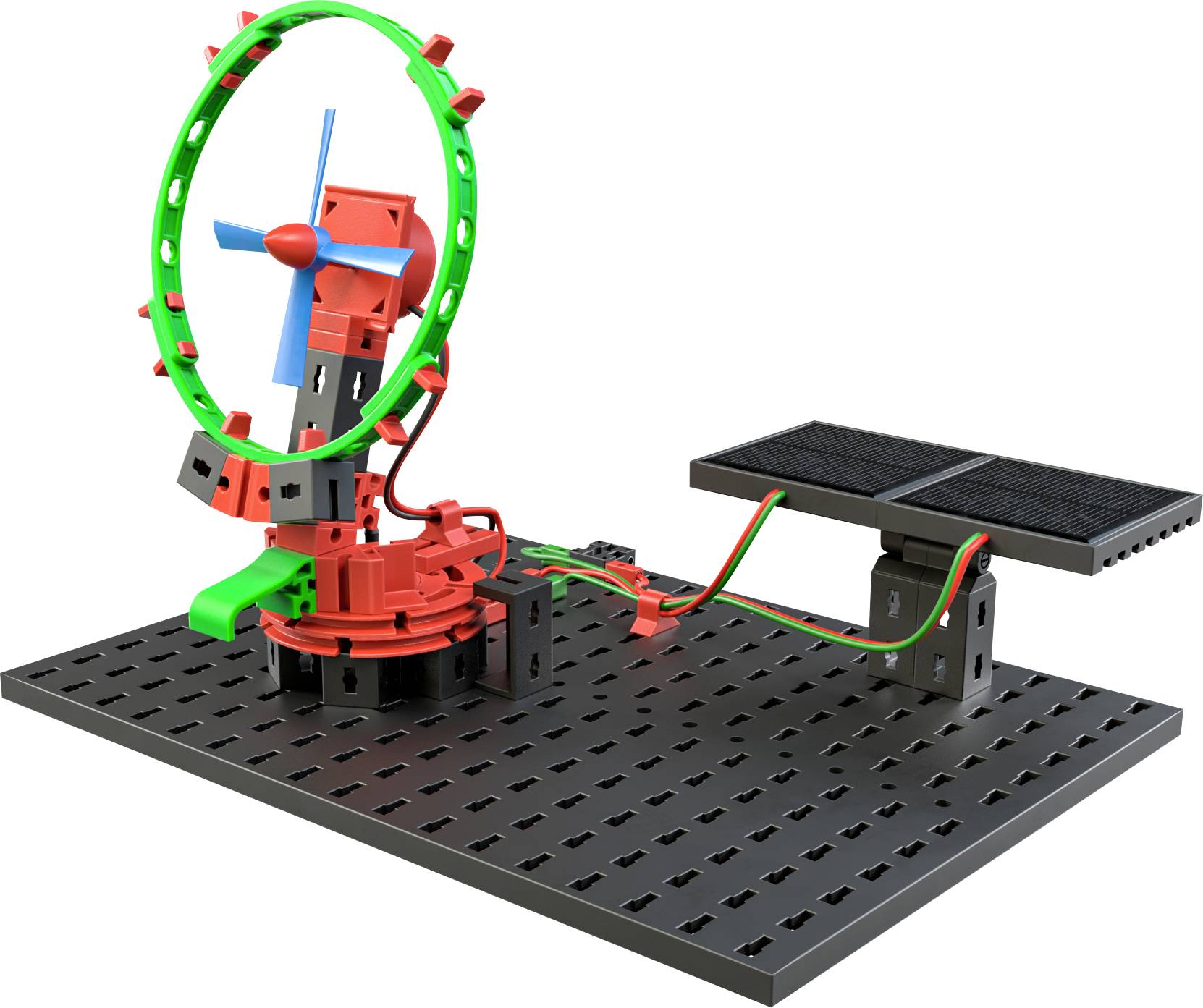 A solar construction kit model with solar panels and a rotating windmill on a black base plate.