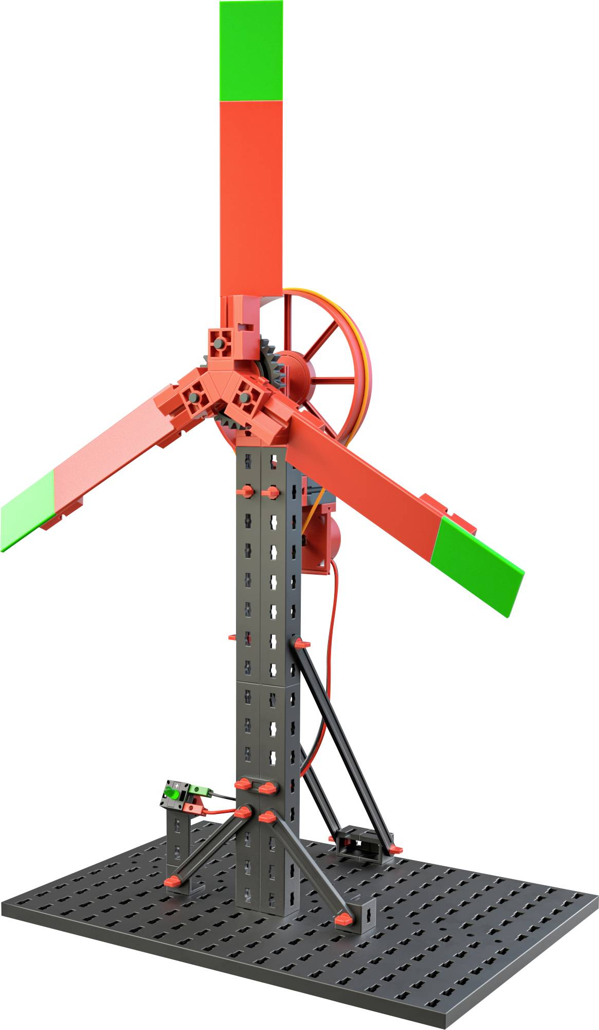 A model of a red wind turbine with three blades and green tips, mounted on a black base.