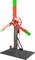 A model of a red wind turbine with three blades and green tips, mounted on a black base.