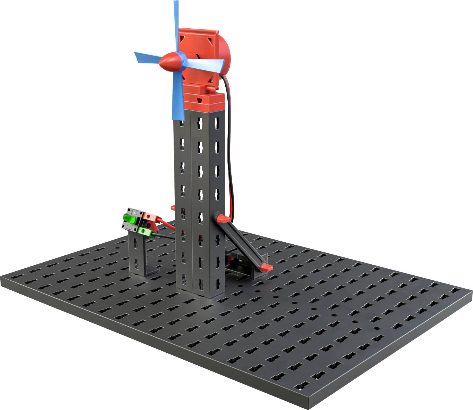 Model of a wind power plant on a perforated plate with wind turbine and small motor, assembled from plastic components.