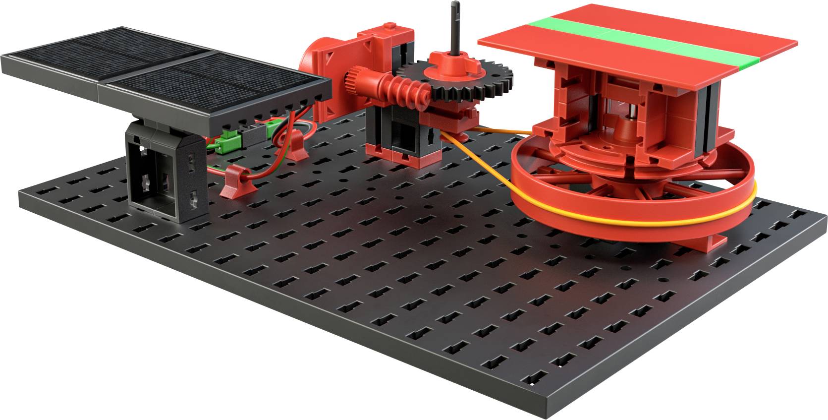 A solar construction kit platform shows gears, solar modules, and wiring. Ideal for experiments with renewable energy.