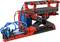 Model of a hydraulic lift kit with red and black components and blue hoses, ideal for illustrating mechanics.