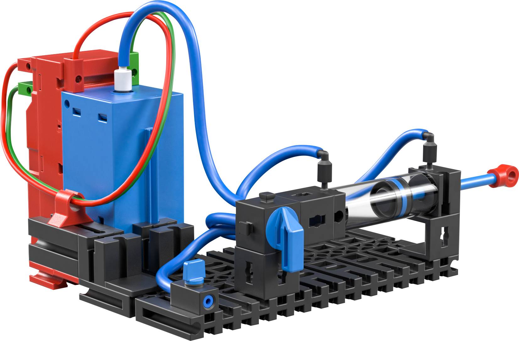 Model of a pneumatic system with red and blue components, hoses, and a black base, demonstrating air pressure.