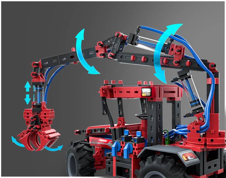 A red, mechanical crane with moving parts shows multiple joints and hydraulics, which are indicated by blue arrows.