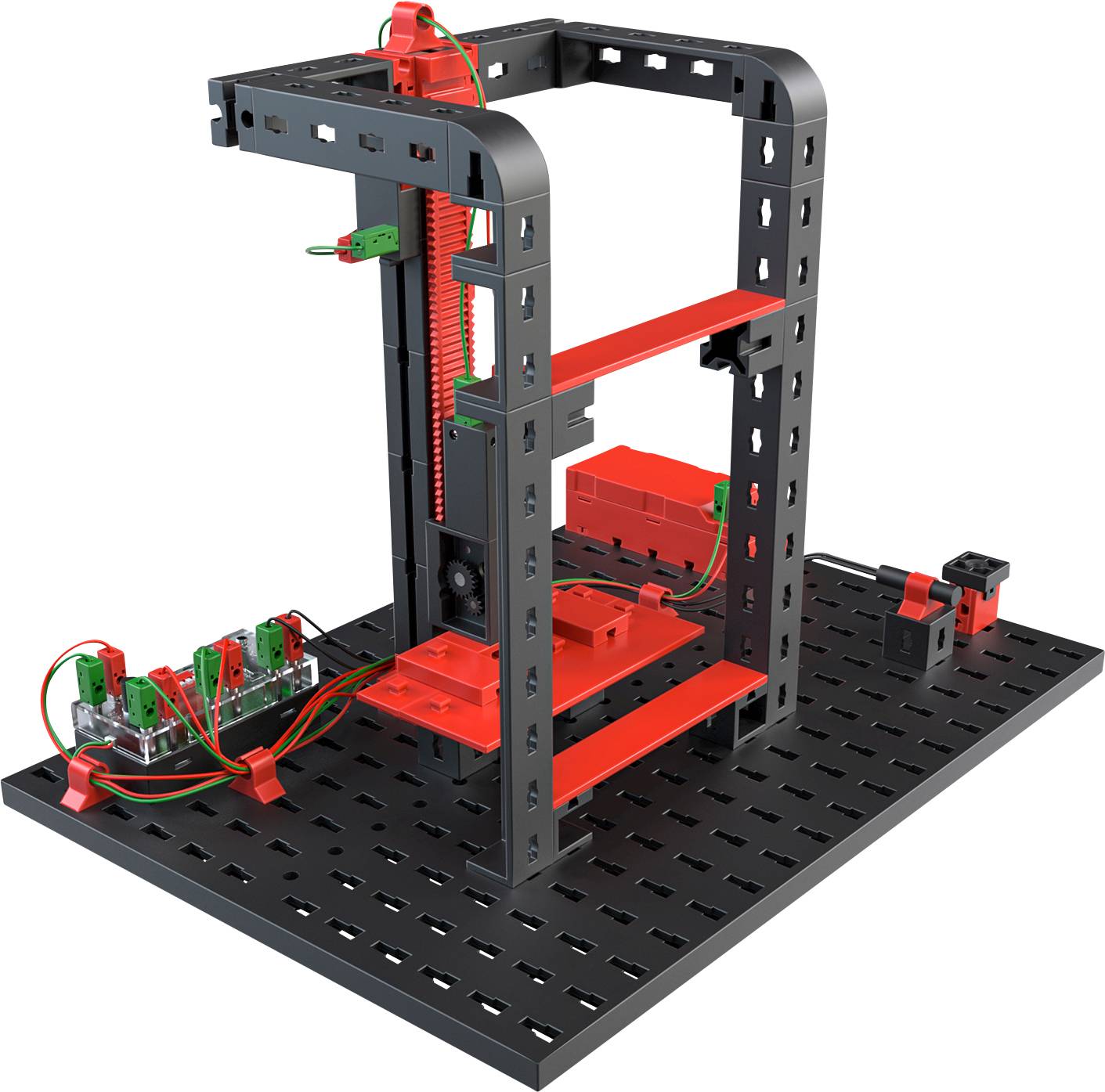 A 3D printer kit shows a frame with red and black components on a perforated plate, ready for assembly.