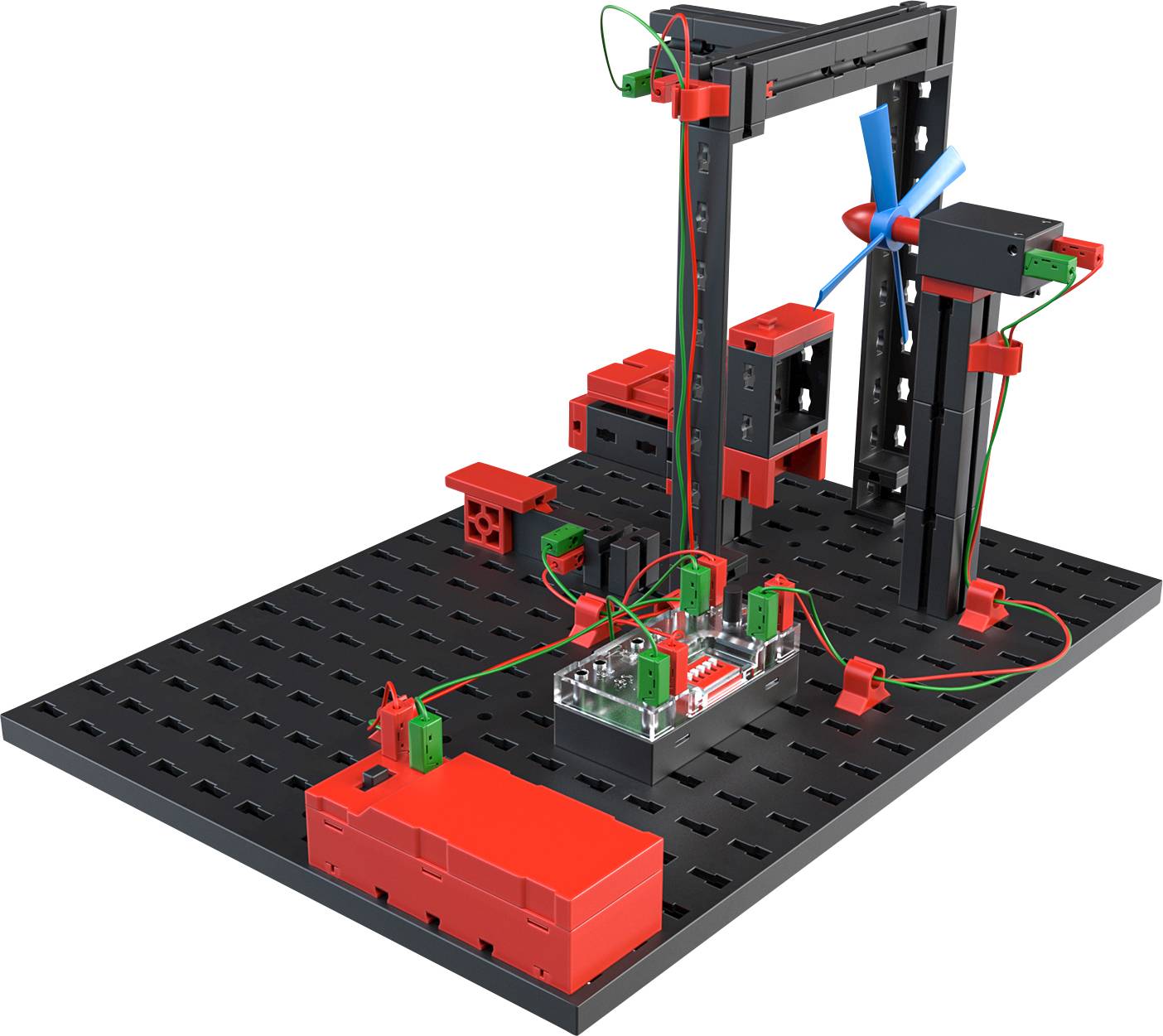 A renewable energy model installation, comprising a solar panel, wind turbine, and cabling, mounted on a black base.