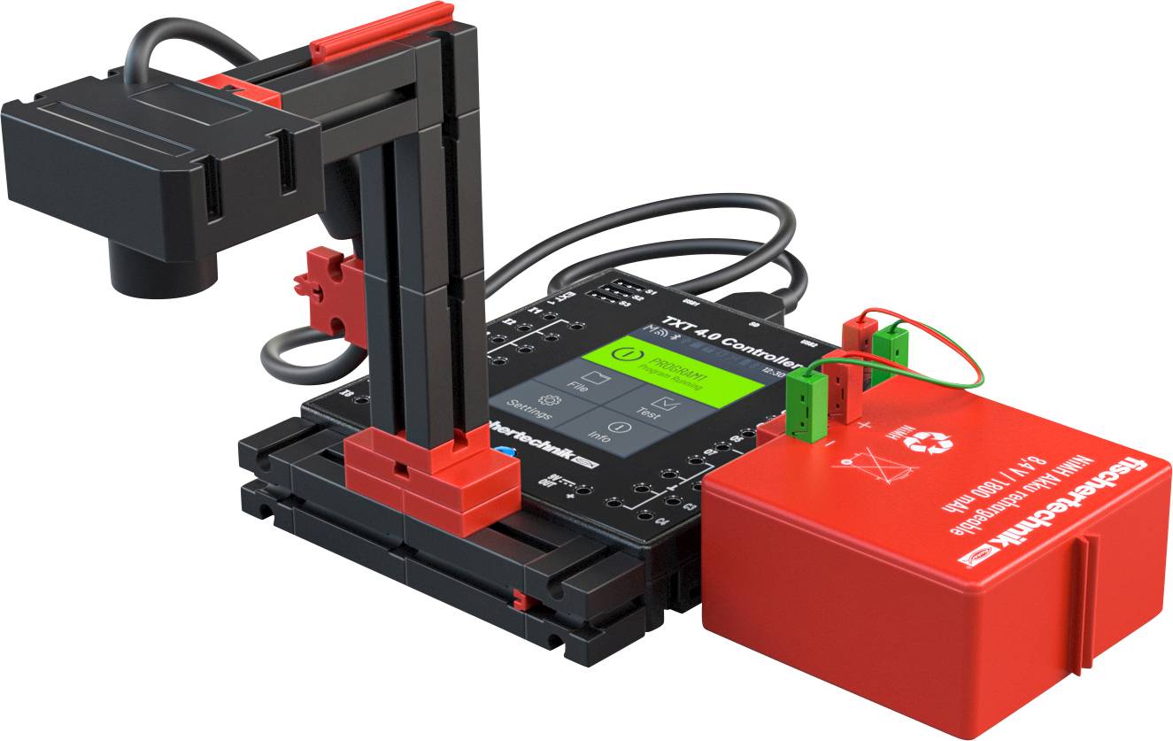 'Robotics kit with black base and red arm, connected to a red battery. Suitable for educational purposes and programming.'