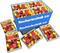 A large box with multiple compartments full of colourful Fischertechnik building blocks, primarily in red and yellow, for construction.