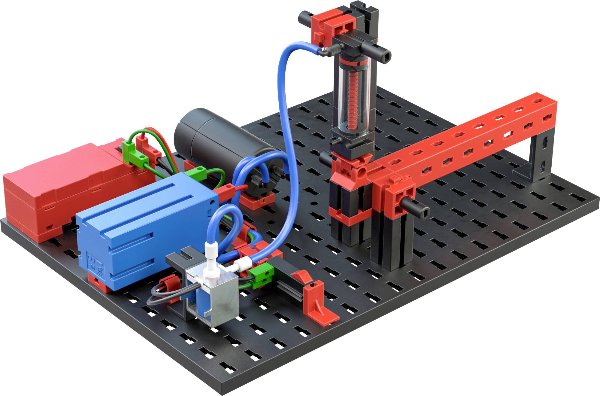 A learning model of a mechanical lever system with various components such as batteries and electric motors, mounted on a perforated plate.