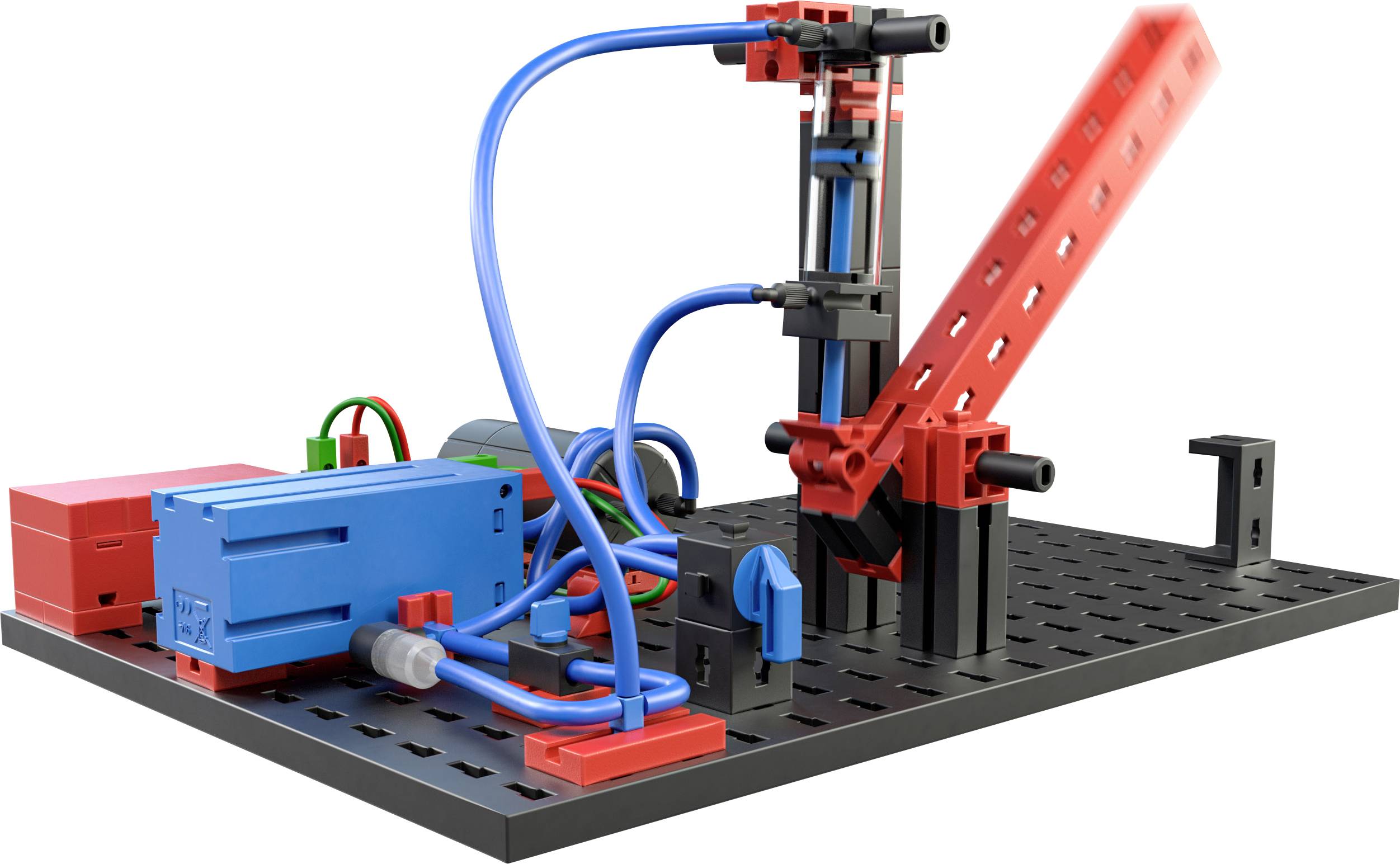 Construction kit model with pneumatic components: A red lifting arm mechanism is operated by blue pneumatic hoses and cylinders.